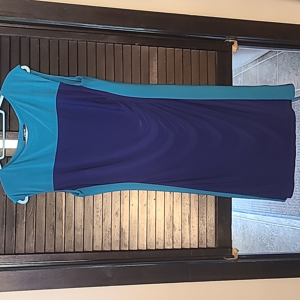 Chaps Sleevess Dress, Turquoise & Navy, Size Large, Stretchy & Lined